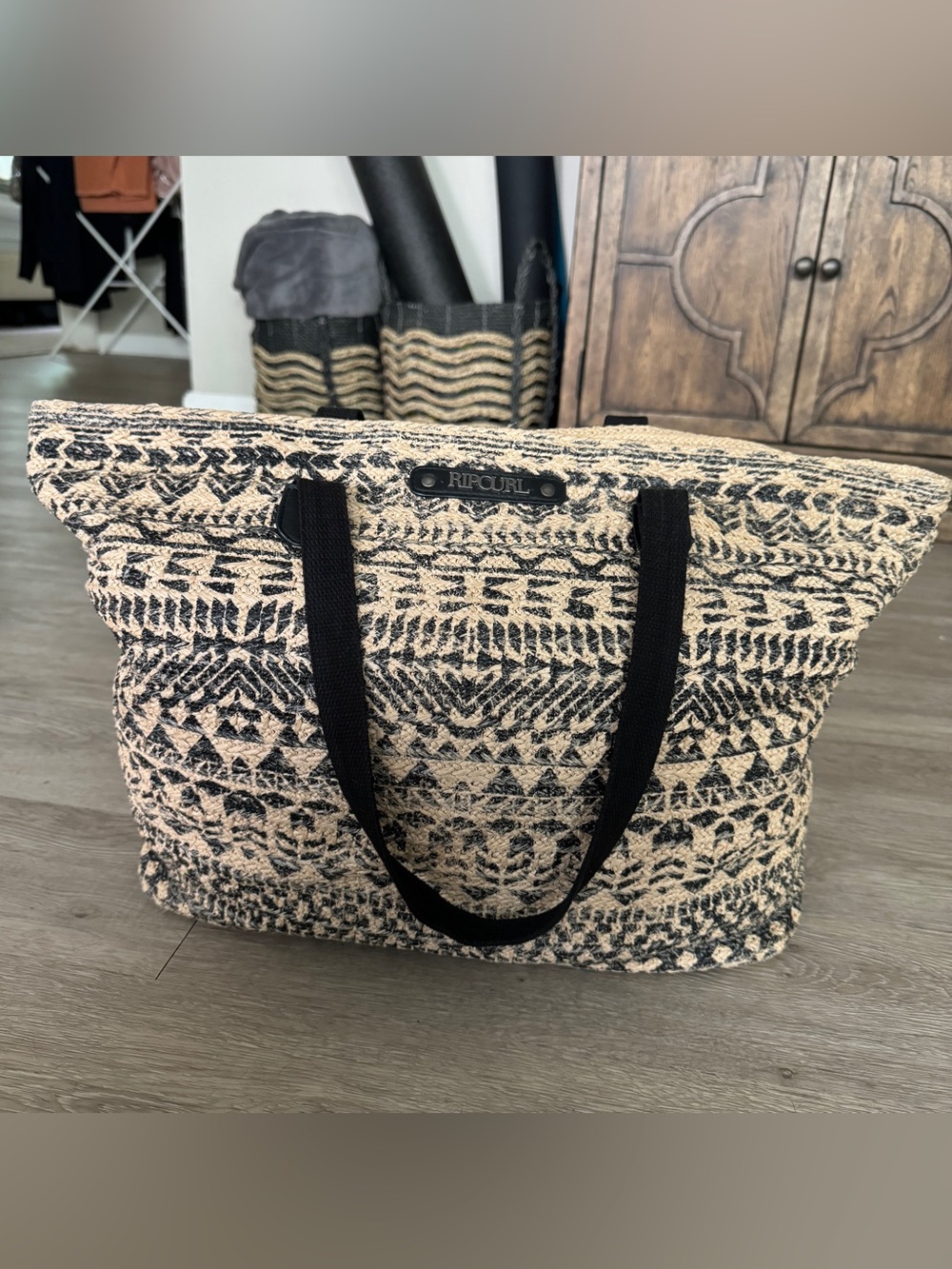 Rip Curl Black and Natural Woven Tote Bag